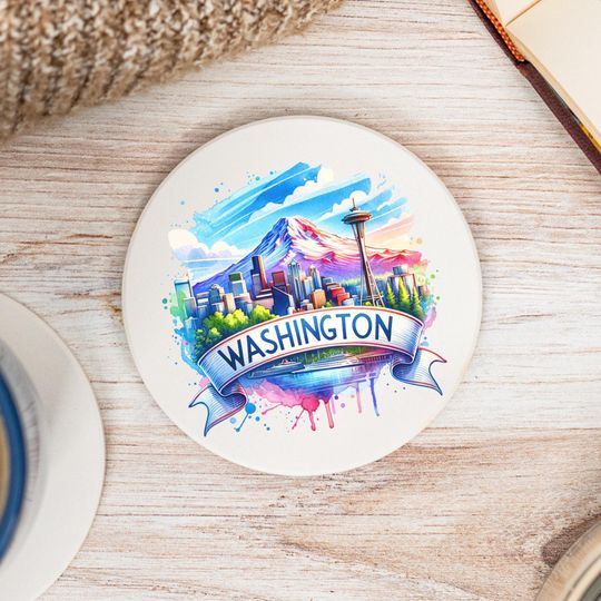 Discover Washington State Ceramic Coaster, WA Home Decor, Housewarming Gift
