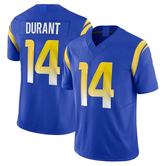 Discover Custom Men's #14 Cobie Durant Rams Blue 2025 Rivalries Stitched Football Fan Shirt Limited Player Jersey