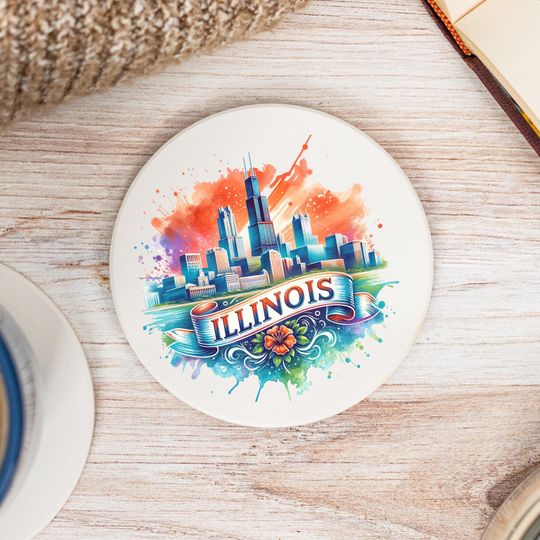 Discover Illinois State Coasters, Colorful Ceramic Coaster, Illinois Decor, Illinois Keepsake, Illinois Home, Housewarming Gift, Watercolor Artwork