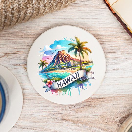 Discover Hawaii State Coasters, Colorful Ceramic Coaster, Hawaii Decor, Hawaii Keepsake, Hawaii Home, Housewarming Gift, Watercolor Artwork