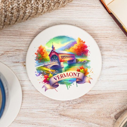 Discover Vermont State Coasters, Colorful Ceramic Coaster, Vermont Decor, Vermont Keepsake, Vermont Home, Housewarming Gift, Watercolor Artwork