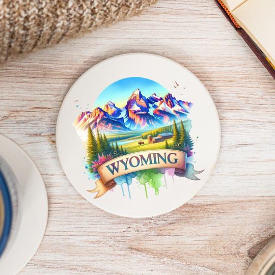 Discover Wyoming State Coasters, Colorful Ceramic Coaster, Wyoming Decor, Wyoming Keepsake, Wyoming Home, Housewarming Gift, Watercolor Artwork