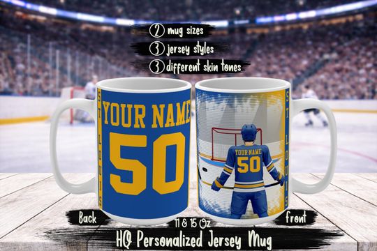 Discover Personalized St Louis Name & Number Ice Hockey Jersey Mug, Custom SL Blues Hockey Fan Birthday Gift For Dad Mom Brother Sister Husband Wife