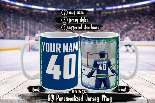 Discover Personalized Vancouver Name & Number Ice Hockey Jersey Mug, Custom Canucks Hockey Fan Birthday Gift For Dad Mom Brother Sister Husband Wife