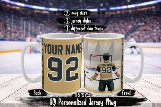Discover Personalized Las Vegas Name & Number Ice Hockey Jersey Mug, Custom LV Golden Knights Hockey Fan Birthday Gift For Dad Mom Brother Husband