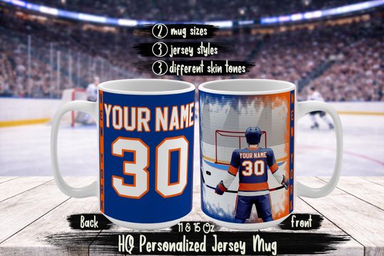 Personalized New York Football Fan Mug  NY Islanders Inspired Custom Name & Number Jersey Coffee Cup  Islanders Fan Gift Idea