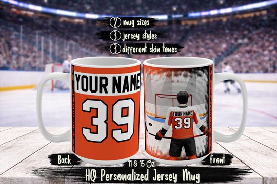 Discover Personalized Philadelphia Name & Number Ice Hockey Jersey Mug, Custom Flyers Hockey Fan Birthday Gift For Dad Mom Brother Sister Husband