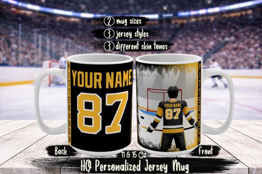 Discover Personalized Pittsburgh Name & Number Ice Hockey Jersey Mug, Custom Penguins Hockey Fan Birthday Gift For Dad Mom Brother Sister Husband
