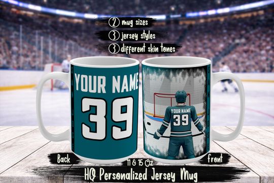 Personalized San Jose Name & Number Ice Hockey Jersey Mug, Custom SJ Sharks Hockey Fan Birthday Gift For Dad Mom Brother Sister Husband Wife