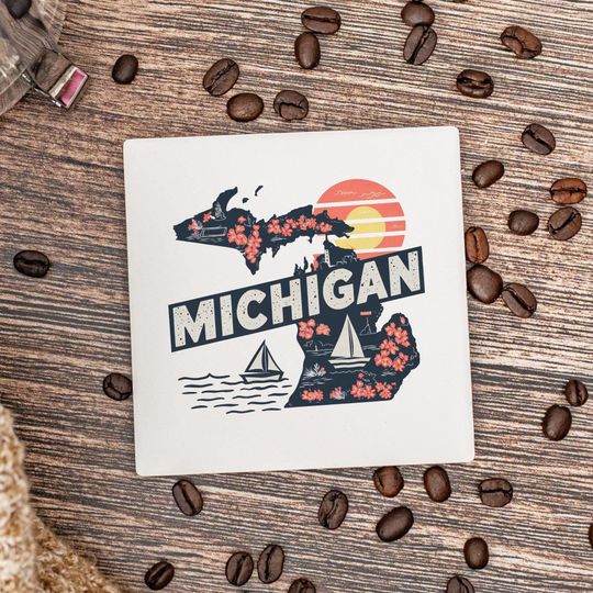 Discover Michigan State Ceramic Coaster, Housewarming Gift, Michigan Decor