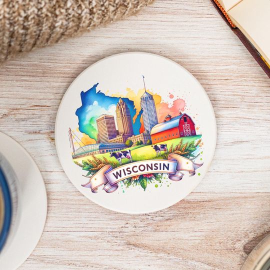 Discover Wisconsin State Coasters, Colorful Ceramic Coaster, WI Decor, Wisconsin Keepsake, Wisconsin Home, Housewarming Gift, Watercolor Artwork