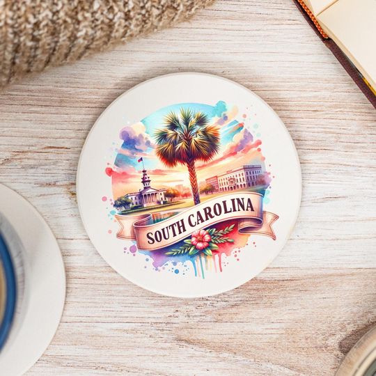 Discover South Carolina State Coasters, Colorful Ceramic Coaster, SC Decor, South Carolina Keepsake, SC Home, Housewarming Gift, Watercolor Artwork