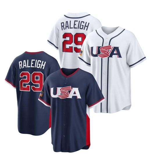 Discover Men's USA Baseball Cal Raleigh Navy/White 2026 World Baseball Classic Road Stadium Jersey