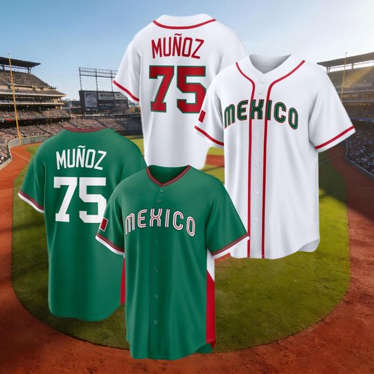 Discover Mexico Baseball Jersey #75 Andrs Muoz Men's Youth World Baseball Classic Green White
