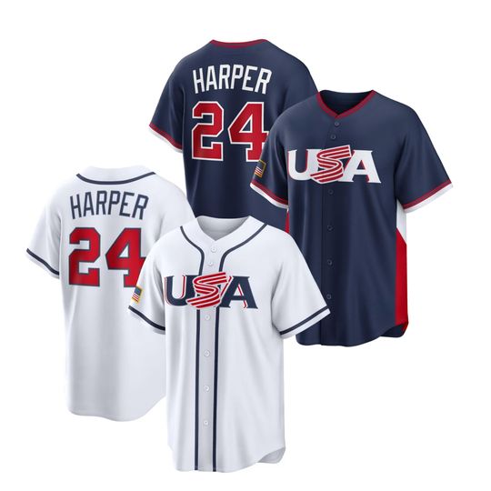 Discover Men's USA Baseball Bryce Harper White/Navy 2026 World Baseball Classic Road Stadium Jersey