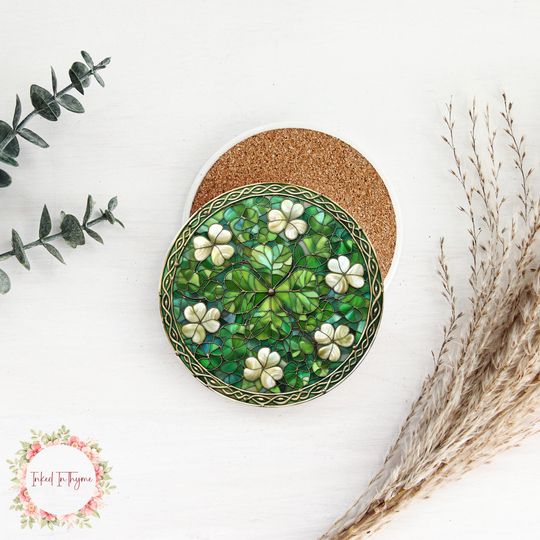 Discover Faux Stained Glass Shamrocks Coaster, Elegant Coffee Table Decor, St Patricks Day Art Gift, Desk Accessory, Ceramic Coasters