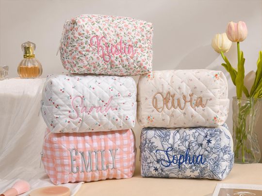 Personalized Embroidered Makeup Bag, Monogrammed Toiletry Bag, Floral Cosmetic Pouch, Bridesmaid Makeup Bag