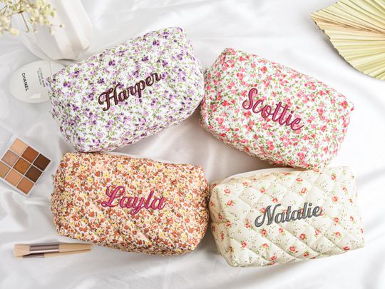 Personalized Floral Embroidered Makeup Bag, Large Capacity Cosmetic Organizer, Bridesmaid and Mother’s Day Gift