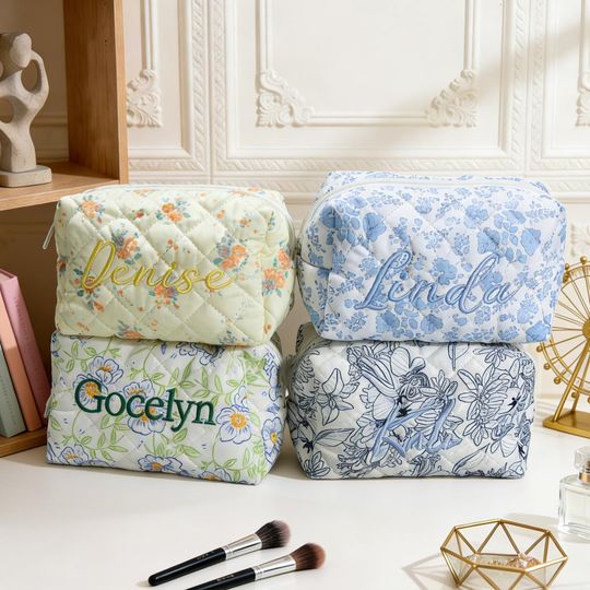 Personalized Floral Embroidered Makeup Bag, Custom Toiletry Pouch