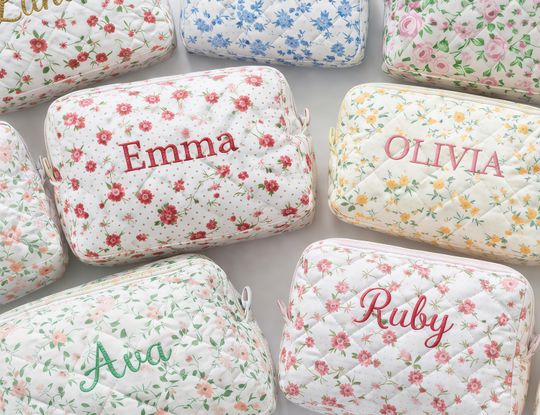 Personalized Embroidered Makeup Bag, Floral Cosmetic Bag, Travel Makeup Pouch, Women’s Toiletry Bag, Bridesmaid Gift