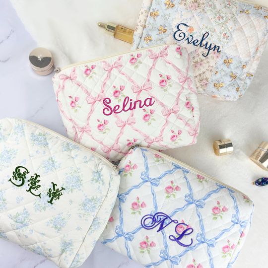 Discover Personalized Floral Embroidered Cosmetic Bag, Custom Bridesmaid Gift, Travel Organizer, Bridal Party Favor, Spring Gift