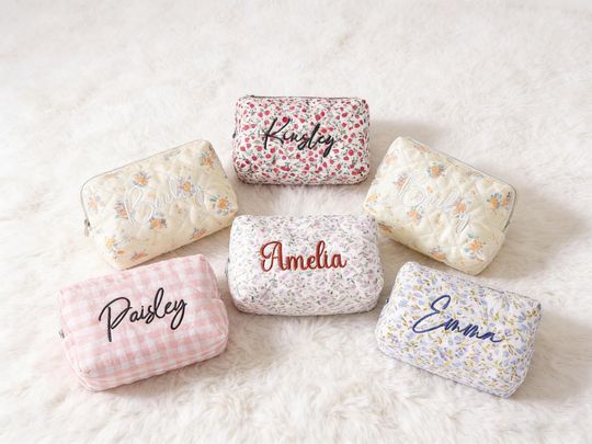 Personalized Embroidered Makeup Bag, Custom Floral Cosmetic Bag, Travel Makeup Pouch, Women’s Toiletry Bag, Bridesmaid Gift
