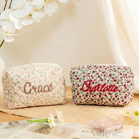 Discover Custom Embroidered Makeup Bag, Personalized Floral Cosmetic Pouch, Mothers Day Gift for Mom, Travel Toiletry Bag, Bridesmaid Gift MB02