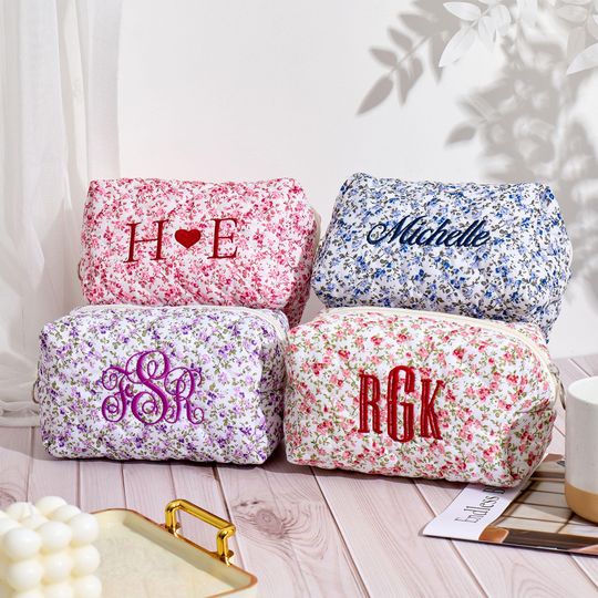 Custom Makeup Bag, Handmade Quilted Cosmetic Bag, Cute Floral Makeup Bag for Girl/Women,Embroidered Name,Bachelorette/Bridesmaid Gift