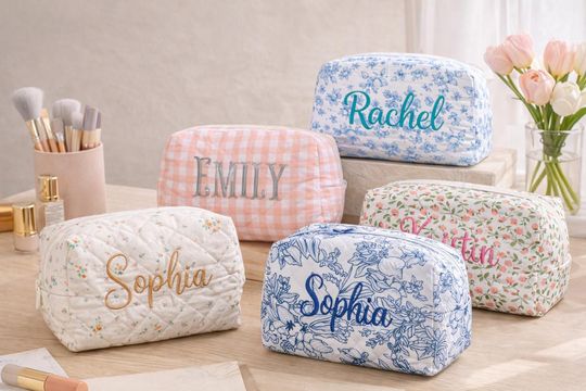 Personalized Embroidered Makeup Bag, Floral Cosmetic Bag, Travel Makeup Pouch, Women Toiletry Bag, Bridesmaid Gift
