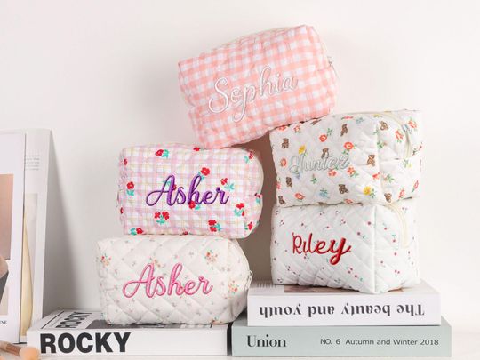 Personalized Embroidered Makeup Bag, Floral Cosmetic Bag, Travel Makeup Pouch, Bridesmaid Gift, Women’s Toiletry Bag