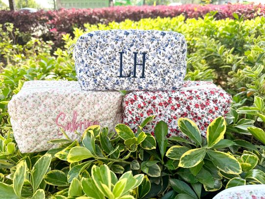 Discover Personalized Floral Quilted Makeup Bag: Handmade Embroidered Pouch