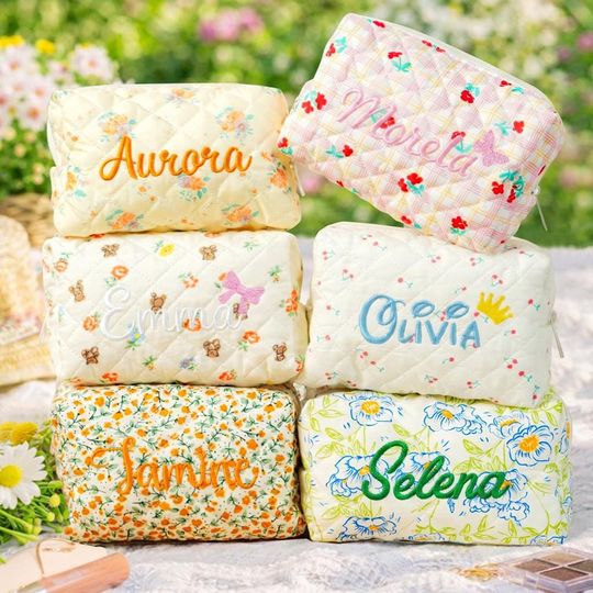 Discover Custom Embroidered Makeup Bag, Personalized Floral Cosmetic Pouch, Travel Toiletry Bag for Women, Bridesmaid Gift MB02