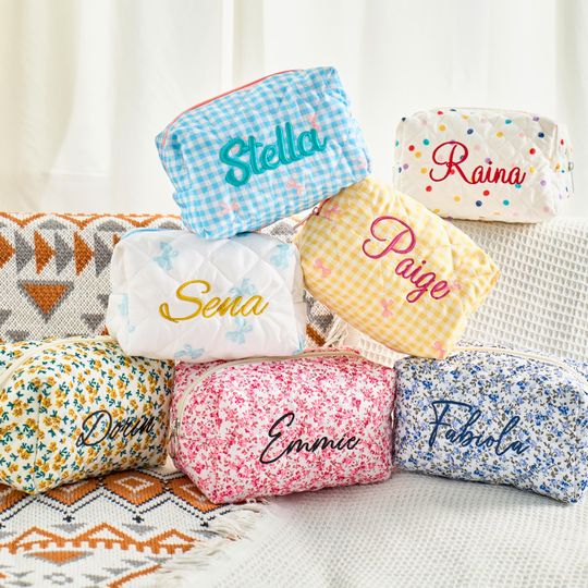 Discover Personalized Floral Cosmetic Bag, Monogrammed Embroidered make up bag, Bridesmaid Gifts, bridal shower, Monogrammed Toiletry Bag,Storage Bag