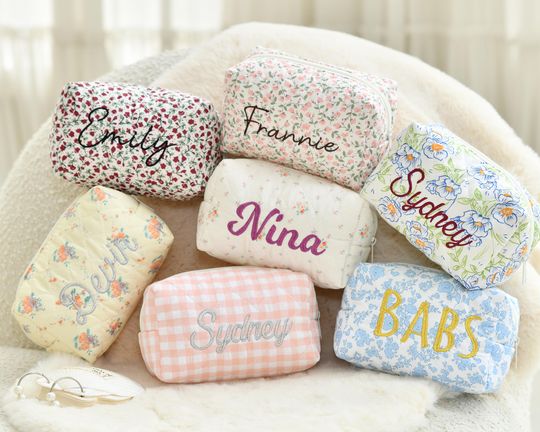 Discover Personalized floral embroidered makeup bags for bridesmaids, bridal showers, travel organizers and Christmas gifts.