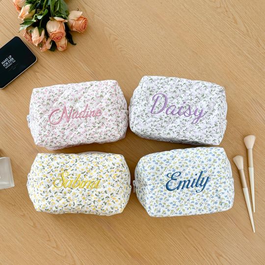 Discover Personalized Floral Makeup Bag/ Handmade Quilted Cosmetic Bag/ Toiletry Bags/ Travel Makeup Pouch/ Embroidered Gift for Her/ Bridesmaid Gift