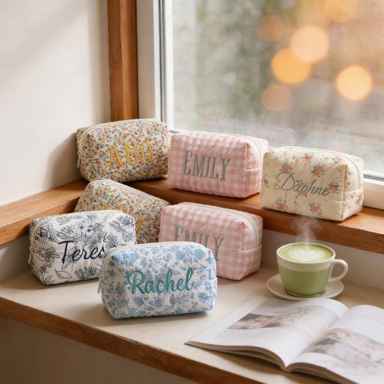 Personalized Embroidered Makeup Bag,Custom Makeup Bag,Floral Cosmetic Bag,Travel Makeup Pouch, Women Toiletry Bag,Bridesmaid Gift