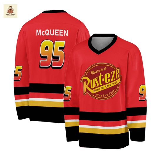 Lightning McQueen Hockey Jersey, Rust-eze Medicated Bumper Ointment Shirt, Custom Name and Number Racing Jersey, Ka-chow Fan Gift