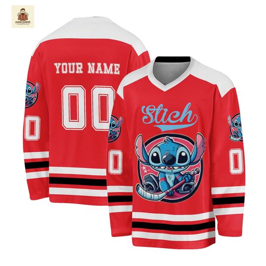 Discover Custom Stitch Hockey Jersey, Cute Alien Ice Hockey Shirt, Personalized Name and Number Red Sportswear, Stitch Fan Gift Jersey