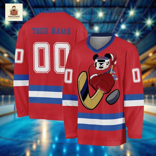 Discover Custom Mickey Mouse Hockey Jersey, Personalized Red Ice Hockey Shirt with Name and Number, Cartoon Sports Apparel, Funny Mouse Hockey Gift