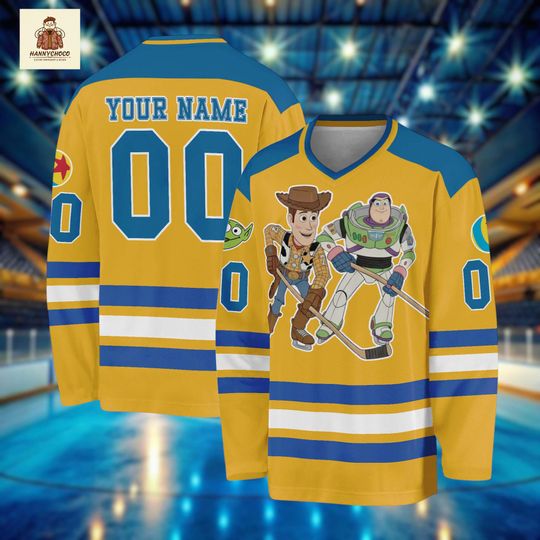 Custom Toy Story Hockey Jersey - Woody and Buzz Lightyear Personalized Hockey Shirt - Yellow Ice Hockey Jersey with Custom Name and Number