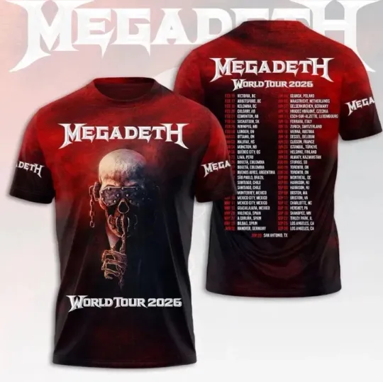 Discover Mega*Deth 2026 Tour Graphic 3D T-Shirt Fullsize Xs-5Xl