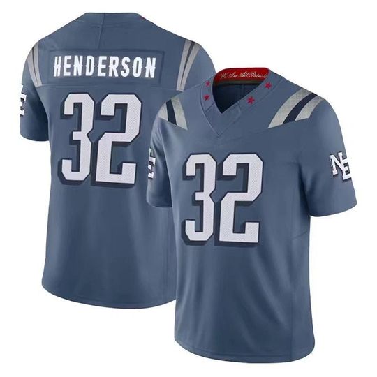 Discover Men's New England Jersey #32 Player TreVeyon Henderson,Storm Blue 2025 Rivalries Collection,Game Limited Stitched Shirt