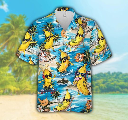 Discover Cool Banana Hawaiian Shirt For Men Women, Surfing & Skateboard Bananas Button Up Shirt, Tropical Summer Beach Aloha Shirt For Banana Lover