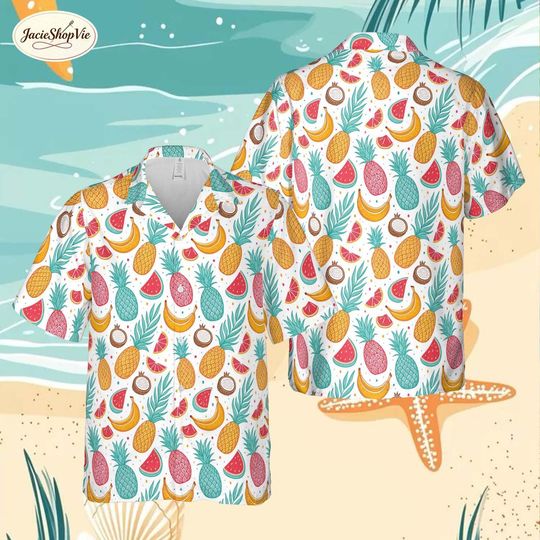 Discover Fruit Pattern Hawaiian Shirt, Colorful Tropical Summer Button Down, Aloha Shirt for Men & Women, Beach Party Outfit
