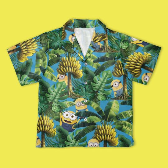 Minion Banana Jungle Button Up Shirt, Despicable Me Summer Trip Outfits, Minion Shirt, Minion Tropical Hawaiian, Custom Minion Gift For Kids