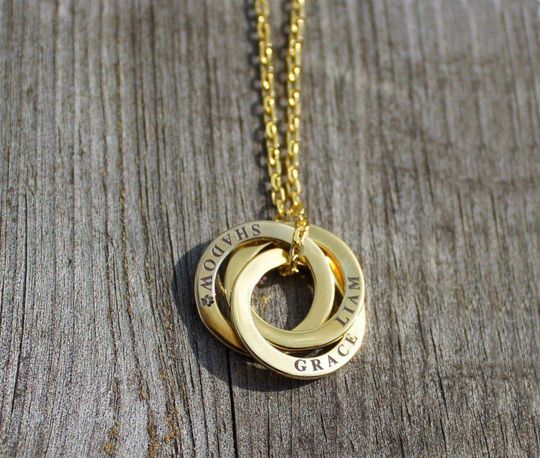 Personalised Triple Ring Necklace with Engraved Russian Ring and Interlocking Circle Pendant
