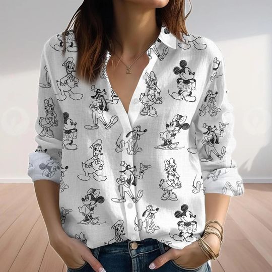 Discover Cartoon Character Print Shirt for Women, Black and White Button Down Blouse, Vintage Style Casual Long Sleeve Top
