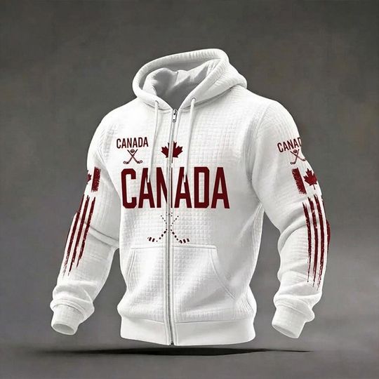 Discover Modern Canadian Maple Waffle Hoodie, Clean White Graphic Jacket,