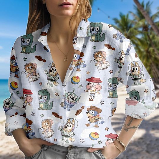 Discover Cartoon Blouse Shirt, Cute Character Button Women Shirt, Kids Show Women Top, Women Blouse Top, Gift for Animation Fans