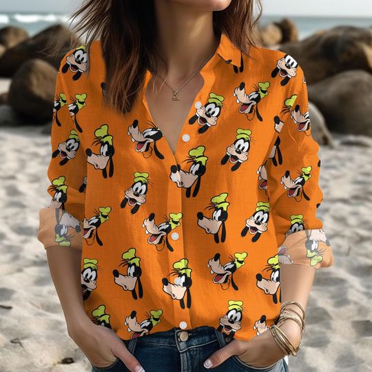 Discover Goofy Dog Blouse Shirt, Disney Goofy Linen-Look Shirt, Disneyland Shirt, Walt Disney World, Magic Kingdom, Cartoon Movie Women Shirt
